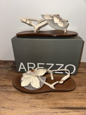 Arezzo Cream Floral T-Strap Sandals - Women's Flat Sandals